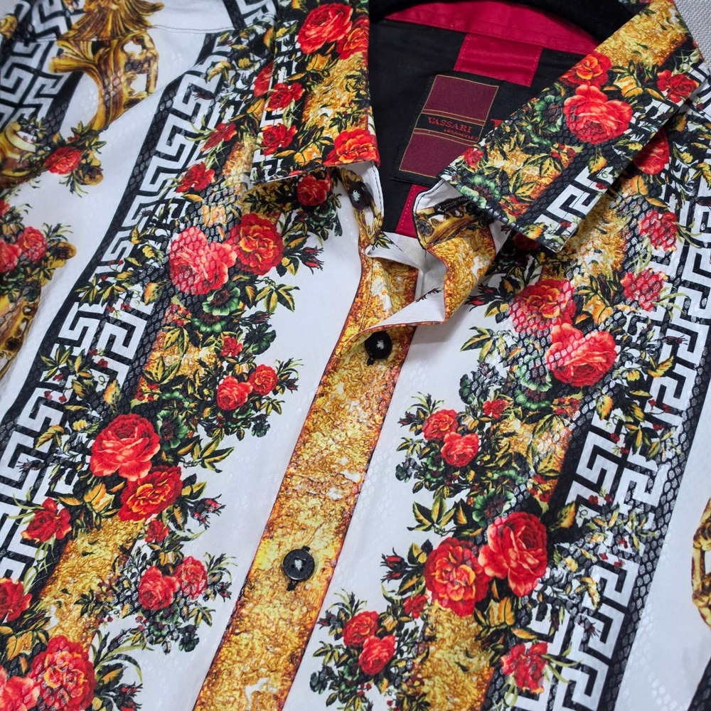 Vassari Button Down Shirt Mens L White Red Gold Excellent Baroque Floral Rose